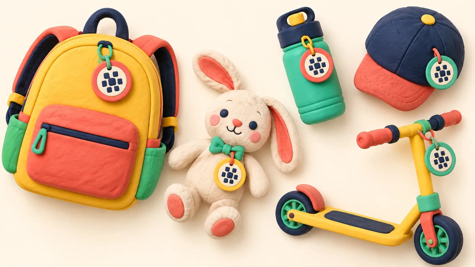 La mascotte Lostoo entourée d'un cartable, d'une gourde et d'un doudou étiquetés