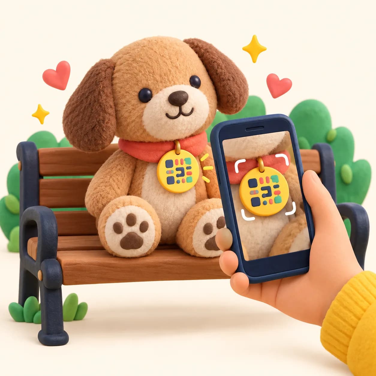 Une main scanne une étiquette collée sur un doudou